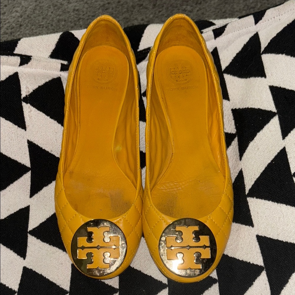 Tory Burch Yellow Quilted Leather Flats with Gold Logo Medallions